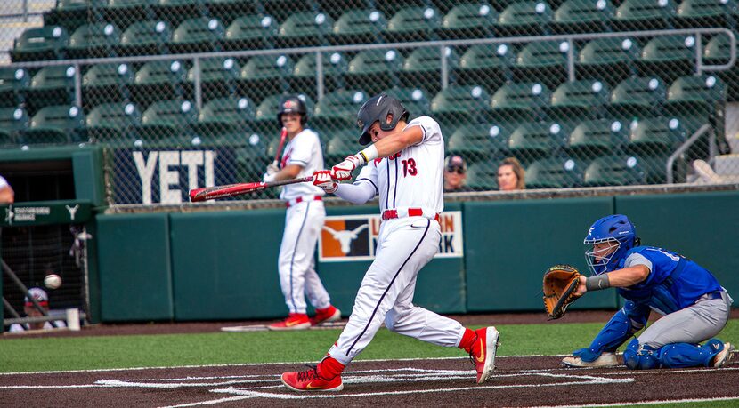 Argyle's designated hitter junior Bo Hogeboom (13) swings the bat during their game with La...