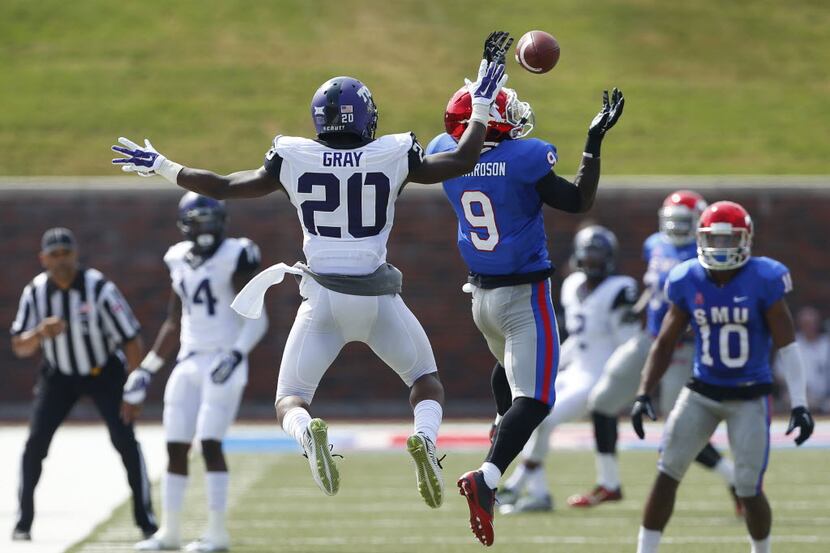 TCU Horned Frogs wide receiver Deante' Gray (20) has a pass knocked down by SMU defensive...
