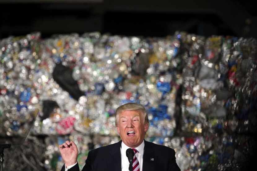 Donald Trump, the presumed Republican presidential nominee, speaking at Alumisource, a steel...