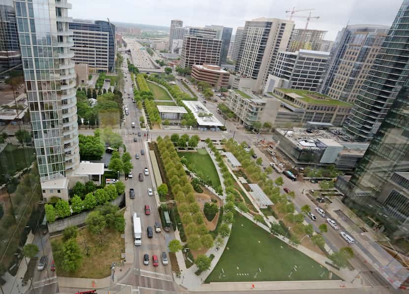 A look at Klyde Warren Park, as seen from 1900 Pearl Tower, the newest downtown Dallas...