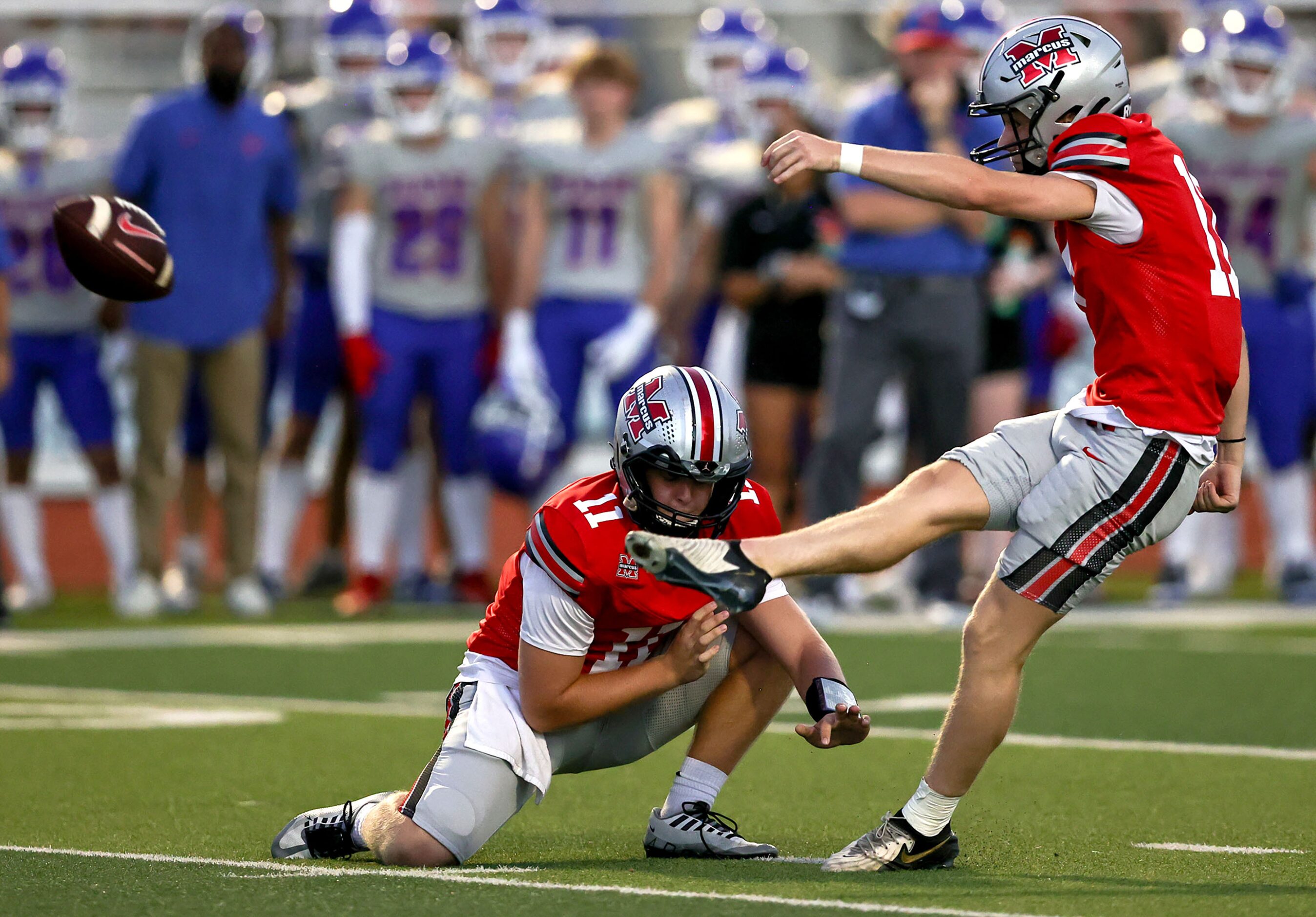 Flower Mound Marcus kicker Owen Gall attempts a field goal against Richardson Pearce, but...