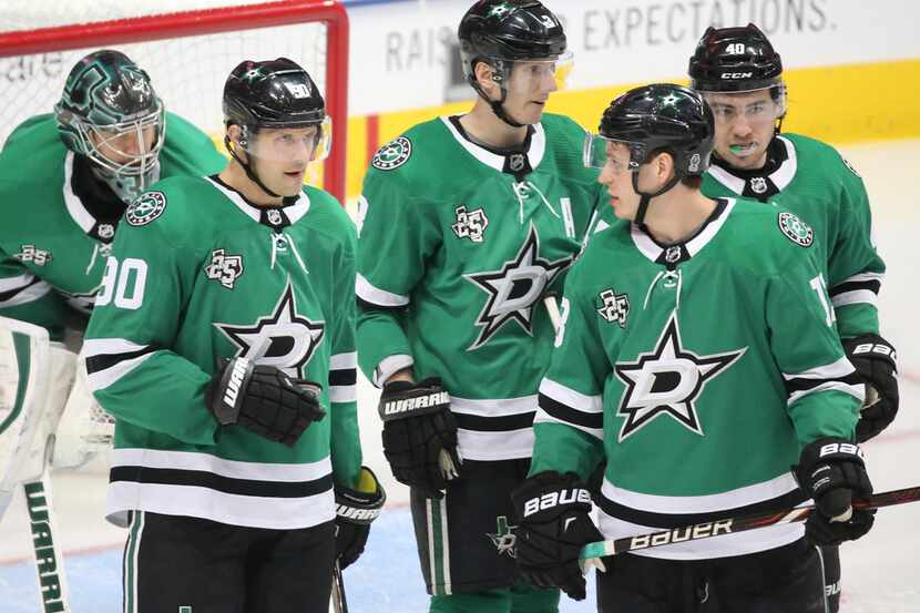 Dallas Stars Ben Bishop (30), Jason Spezza (90), John Klingberg (3), Remi Elie (40), and...