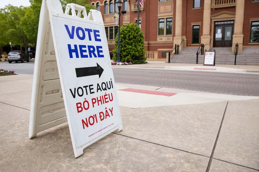 A vote here sign outside of Southlake Town Hall on April 21, 2021, in Southlake. (Juan...