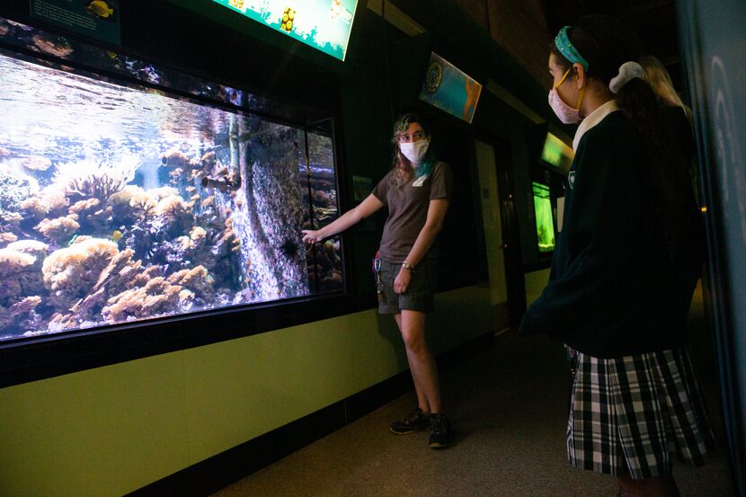 Margeaux Maurer (right), a fifth-grade student at The Hockaday School, listened to Laura...