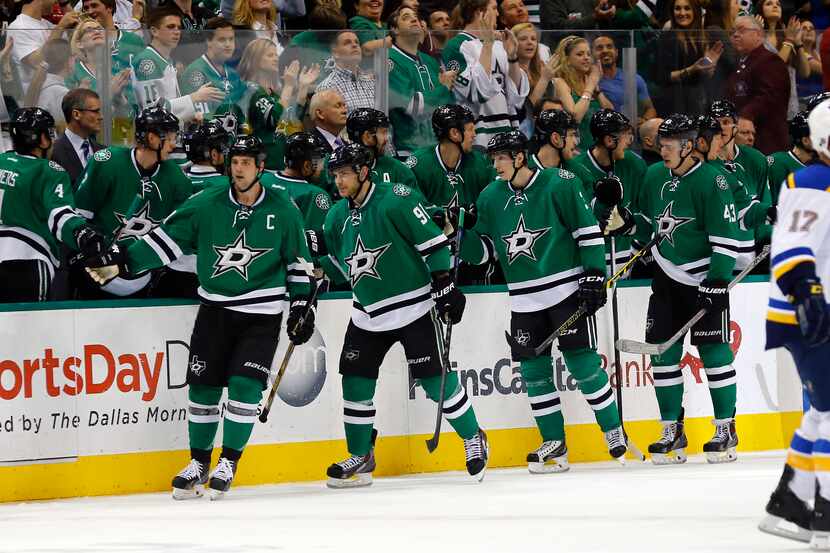 From left, Dallas Stars wing Jamie Benn, center Tyler Seguin, defenseman John Klingberg and...