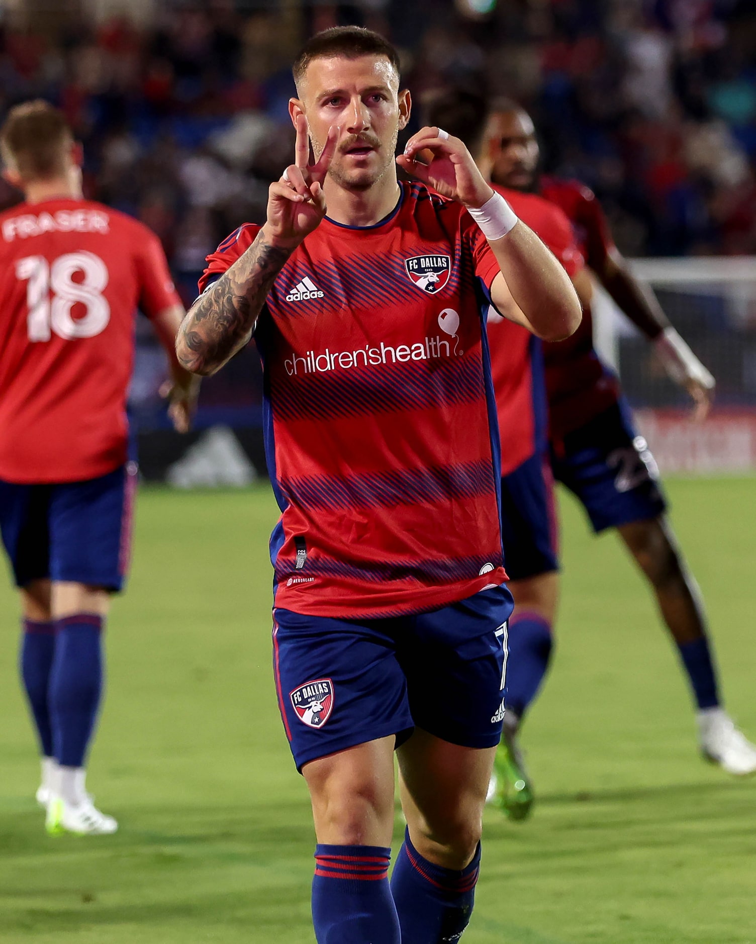 FC Dallas Paul Arriola signals to the crowd after scoring a goal against Seattle during the...