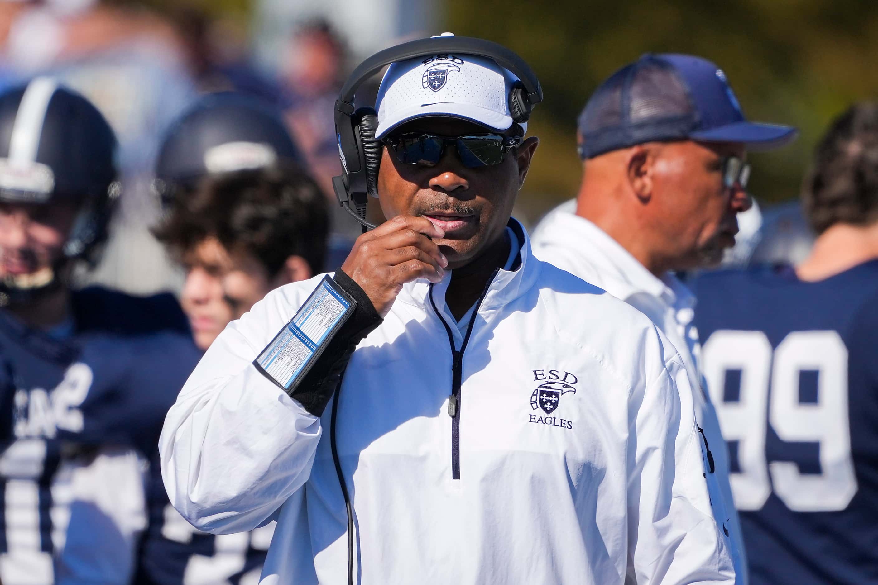 Episcopal School of Dallas head coach Richard Williams works on the sidelines during the...