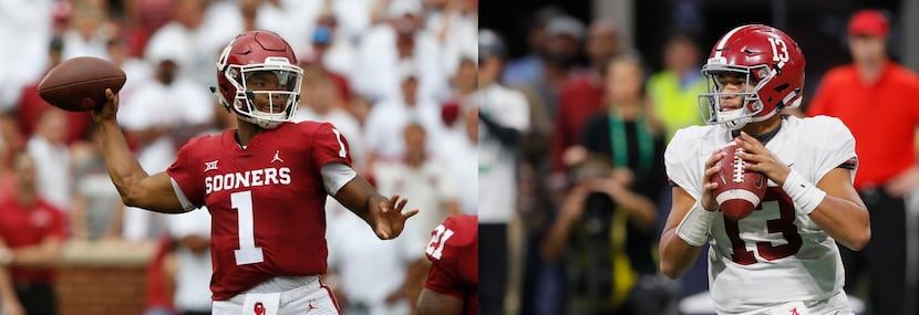 Left: In this Sept. 8, 2018 file photo, Oklahoma quarterback Kyler Murray (1) attempts a...