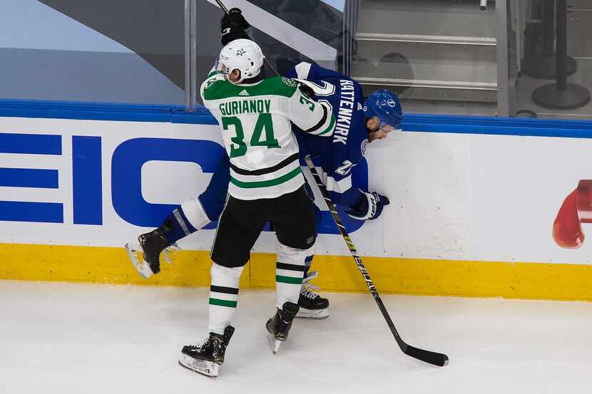 Denis Gurianov (34) of the Dallas Stars hits Kevin Shattenkirk (22) of the Tampa Bay...