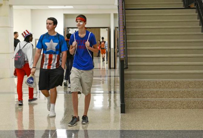 
Junior Dylan Enck (left) and freshman Brett Friedman participate in ’Merica Monday.
