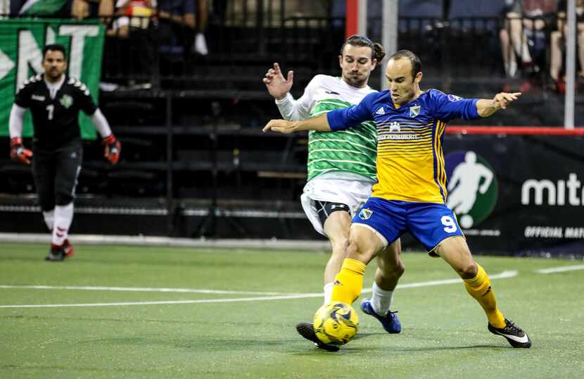 Landon Donovan shields off a Dallas Sidekicks defender Cody Ellis. (3-24-19)