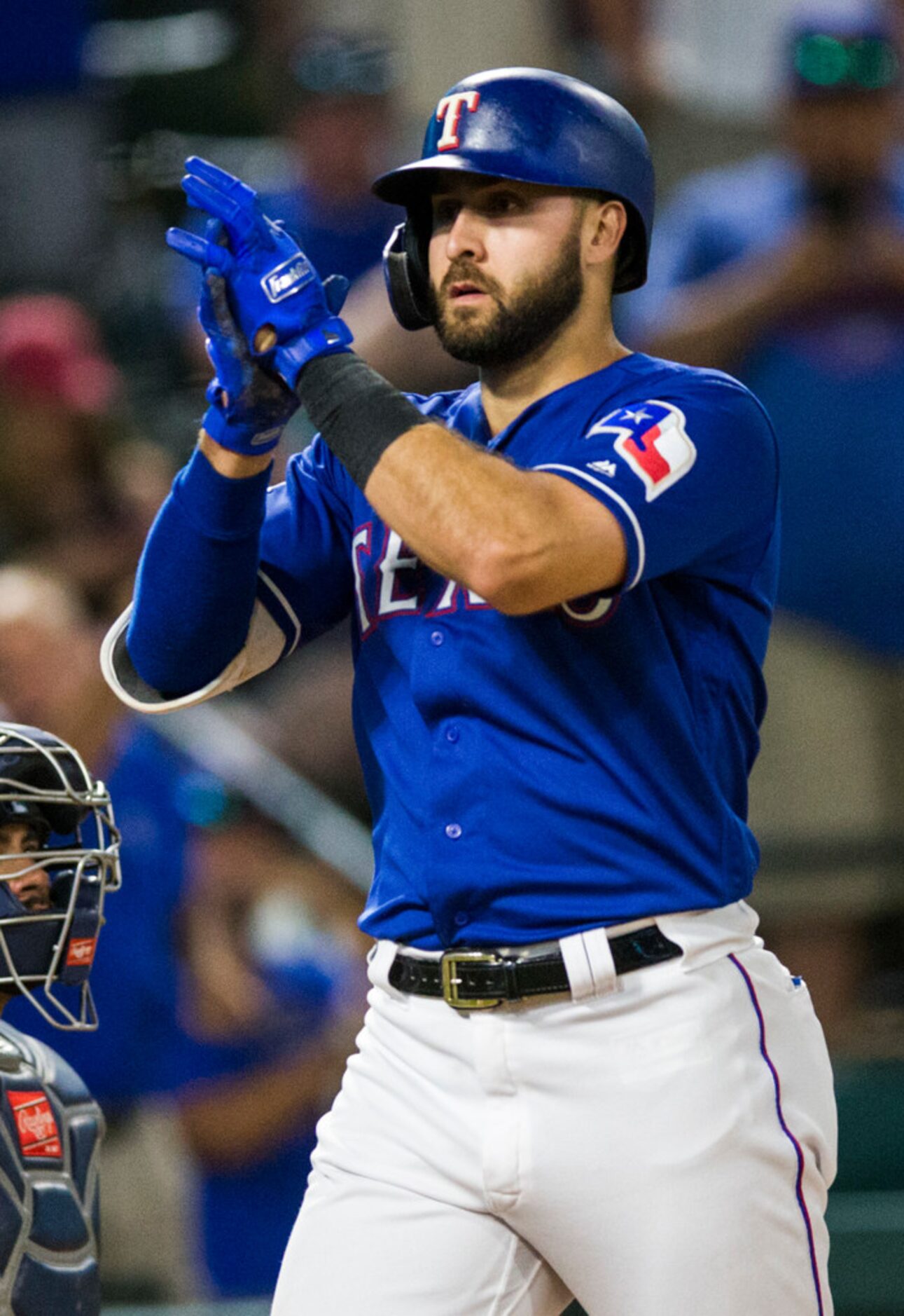 Texas Rangers center fielder Joey Gallo (13) celebrates after crossing home plate from a...