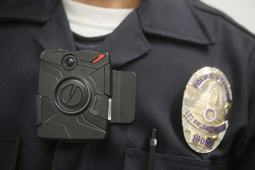 
A Los Angeles Police officer wears an on-body camera during a demonstration.
