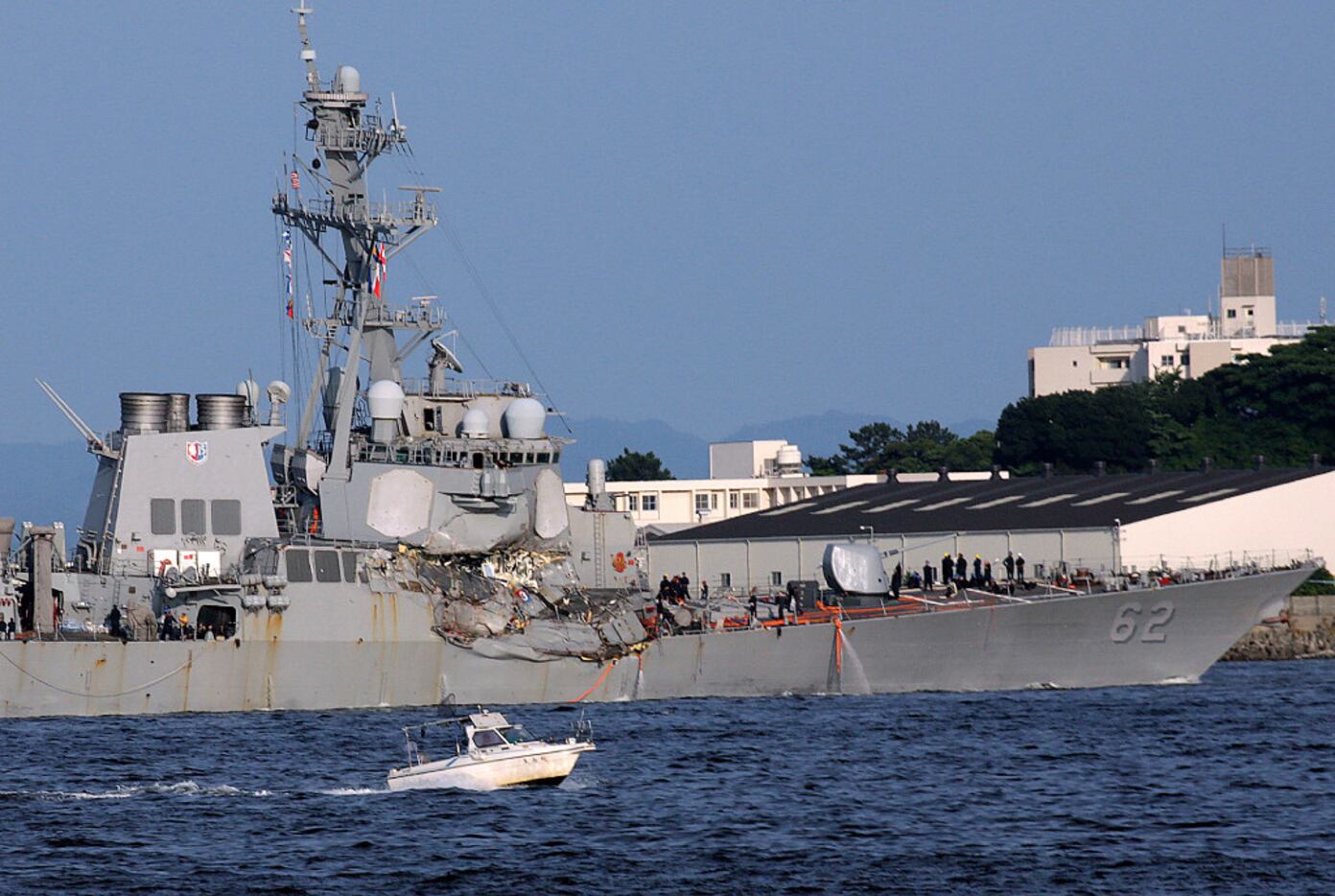 The damaged USS Fitzgerald is seen near the U.S. Naval base in Yokosuka, southwest of Tokyo,...