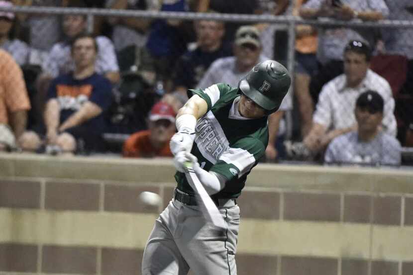 Prosper's Steele Walker gets a double in the 6th inning against Frisco Wakeland during their...