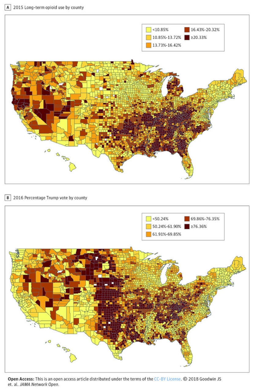 Map A shows the counties where residents had the highest percentage of long-term opioid use...