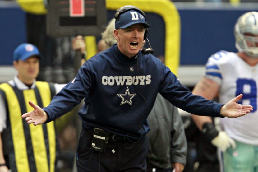 Dallas Cowboys head coach Jason Garrett yells at officials during the first half of their...