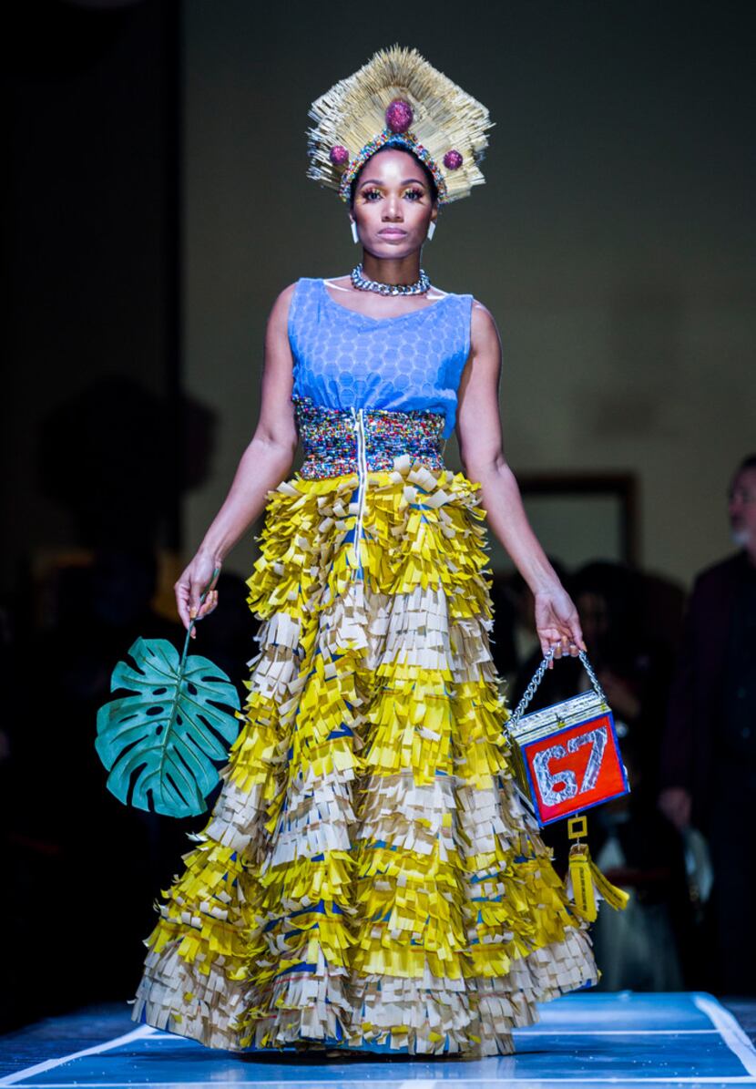 The skirt is made out of cut-up Golden Chick bags.