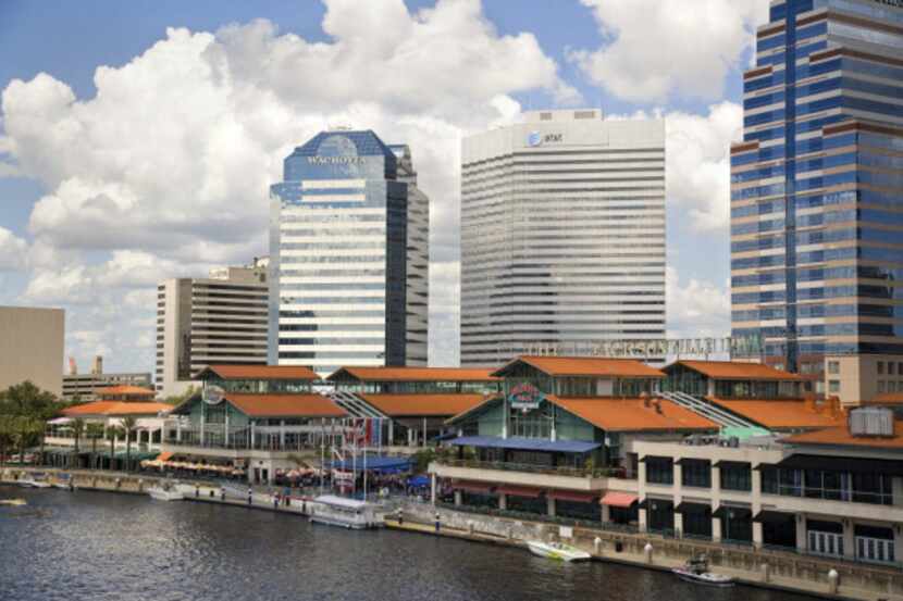 River vessels of many types tie up at the Jacksonville Landing on Florida's St. Johns River.