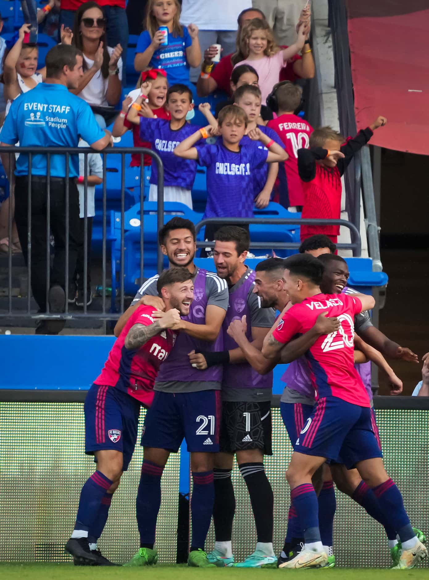 FC Dallas players celebrate a goal by forward Paul Arriola (left) during the second half of...