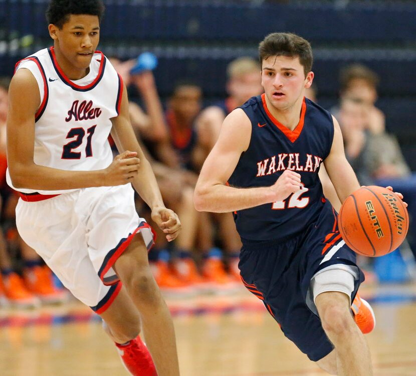 Wakeland gaurd Matt Hendrix (12) drives past Allen forward Jaylen Walker (21) during the...