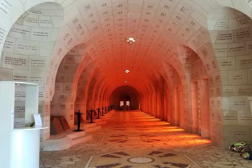 The hallways of the Douaumont Ossuary are covered with the names of fallen soldiers....