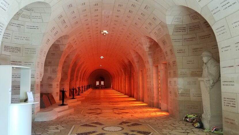 The hallways of the Douaumont Ossuary are covered with the names of fallen soldiers....