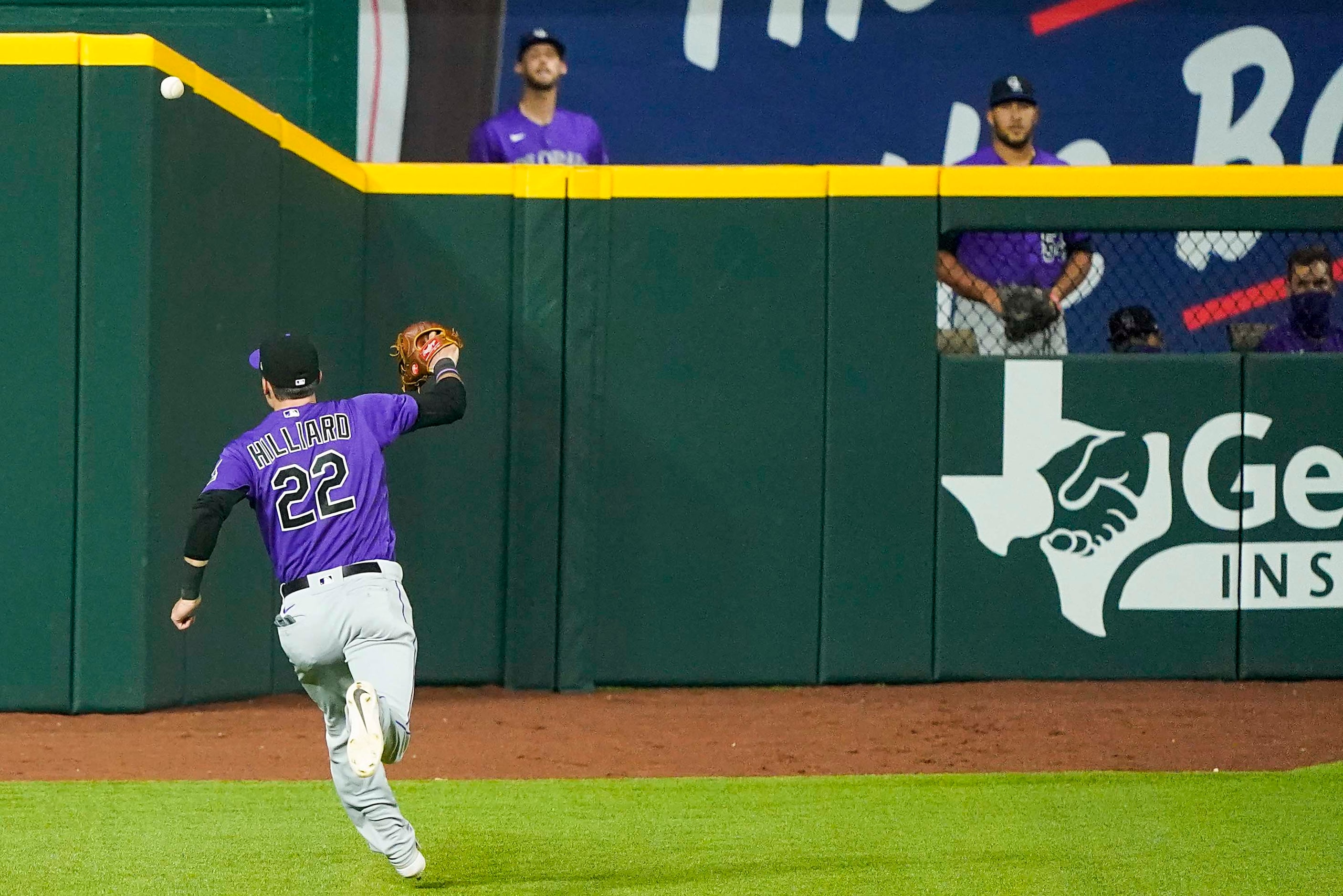 A double off the bat of Texas Rangers outfielder Danny Santana goes over the head of...