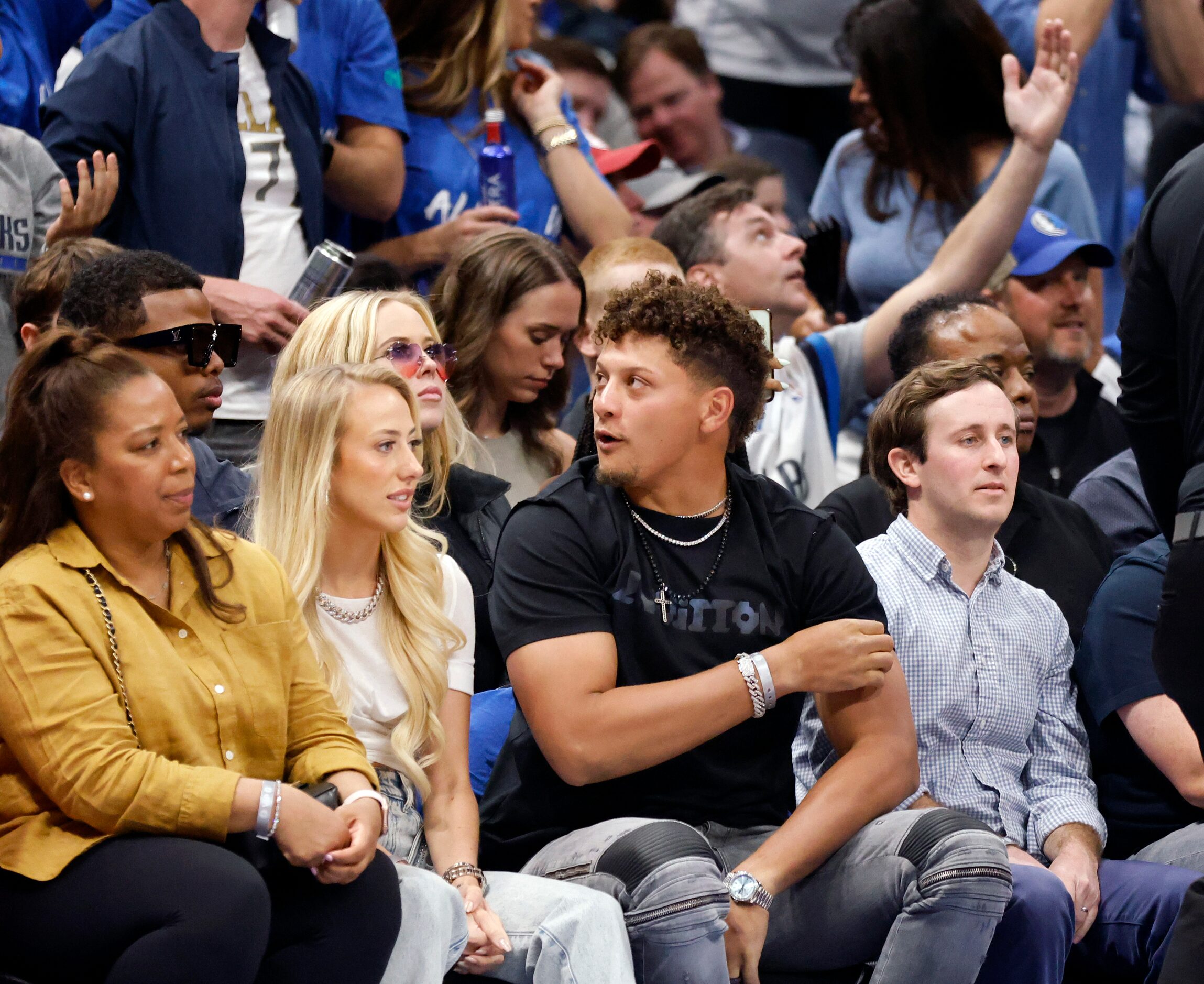 Kansas City Chiefs quarterback Patrick Mahomes (center) reacts to a missed call against the...