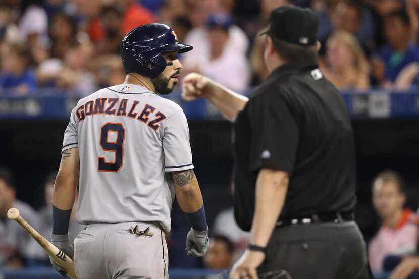 TORONTO, CANADA - AUGUST 13: Marwin Gonzalez #9 of the Houston Astros is ejected by home...