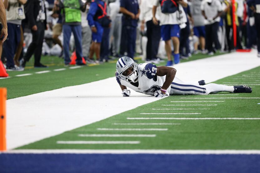 Dallas Cowboys wide receiver Michael Gallup (13) reacts after missing a catch against the...