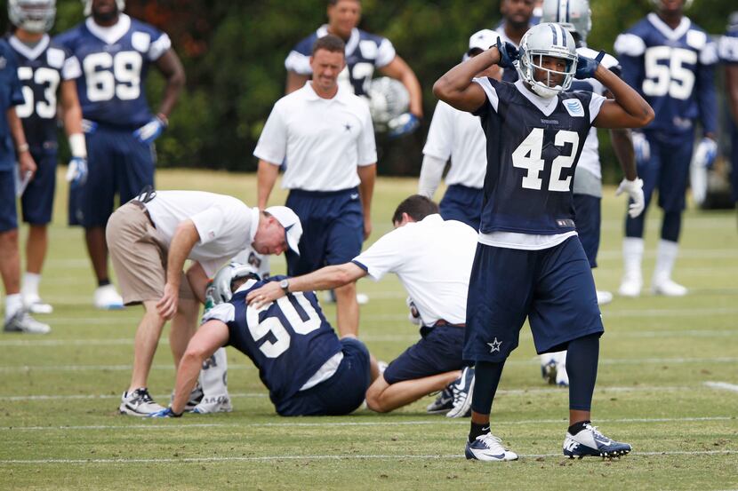 Dallas Cowboys Barry Church shows his disgust after Dallas Cowboys Sean Lee gets injured...