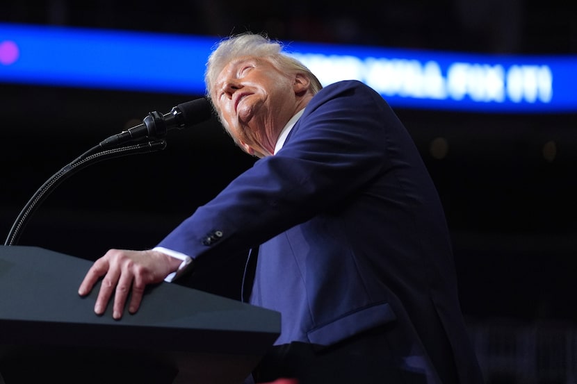 Republican presidential nominee former President Donald Trump speaks at a campaign rally at...