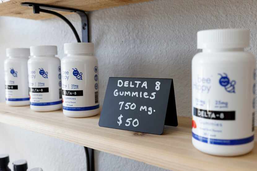 Delta-8 THC products sit for sale at Bee Hippy Hemp Dispensary in downtown Garland. Delta-8...