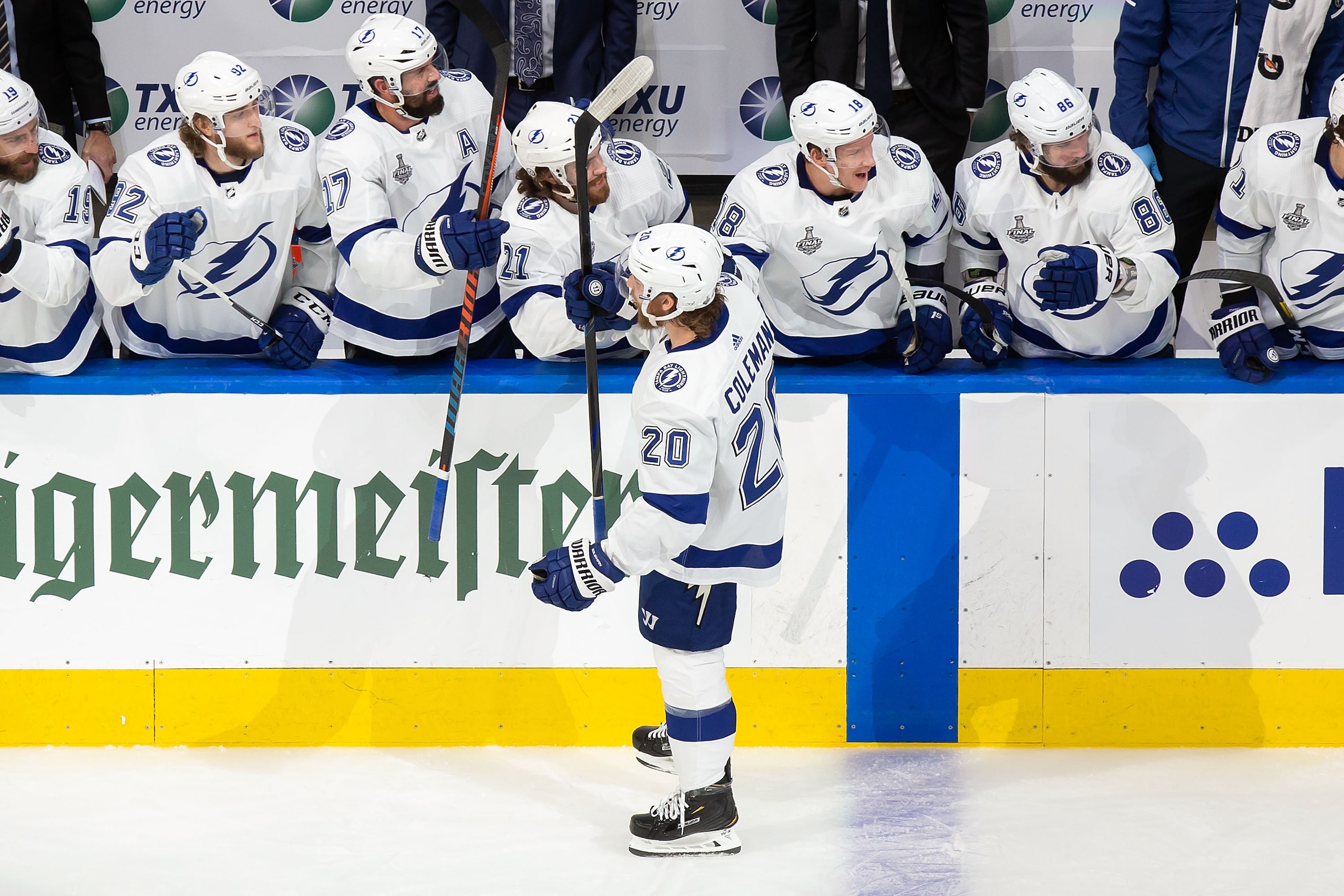 Blake Coleman (20) of the Tampa Bay Lightning celebrates his goal against the Dallas Stars...