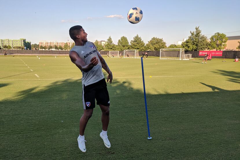 Santiago Mosquera goes up for a header during his rehab work at FC Dallas training. (6-21-18)