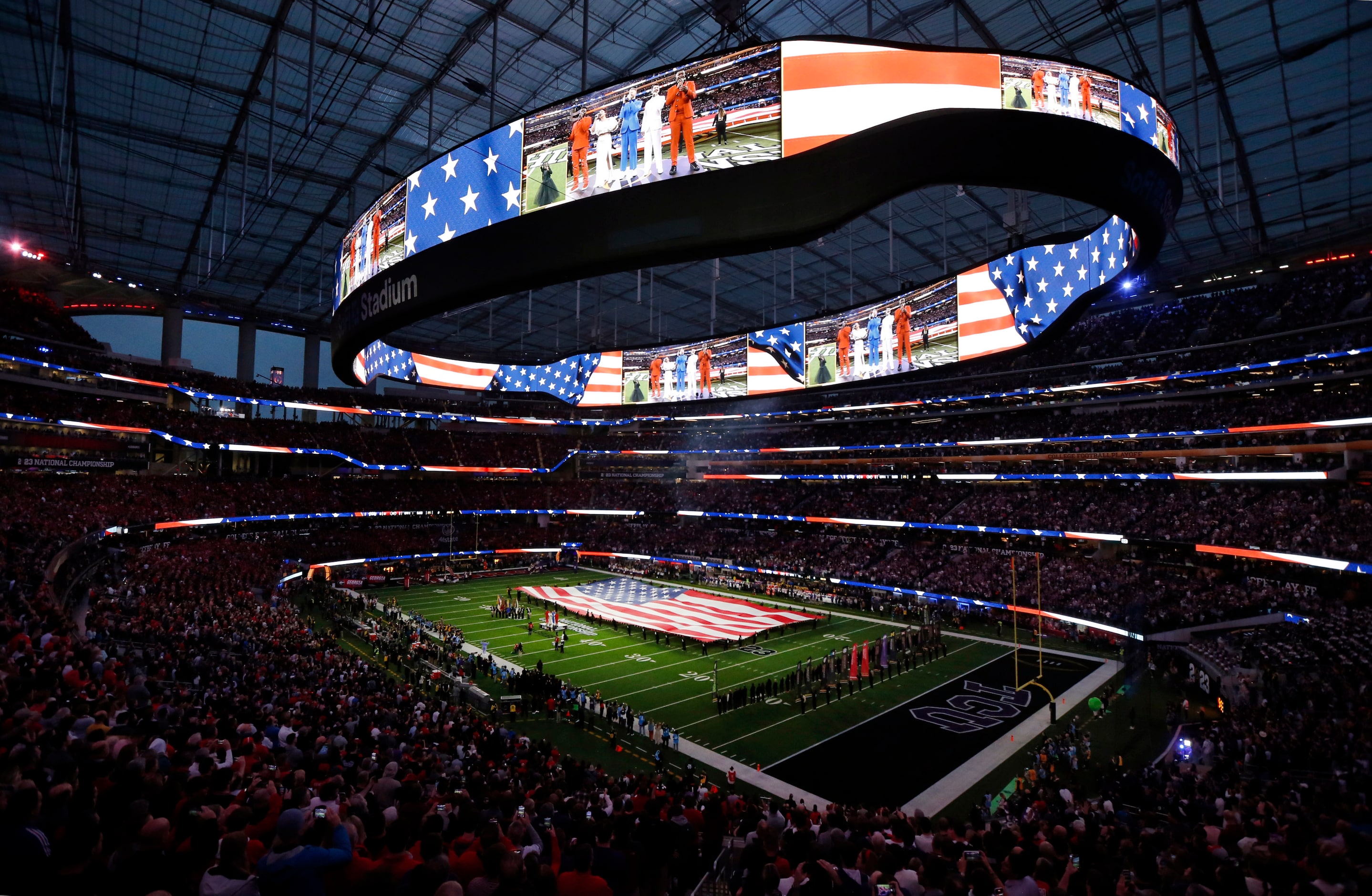 The a cappella group Pentatonix of Arlington ,Texas performs the national anthem before the...