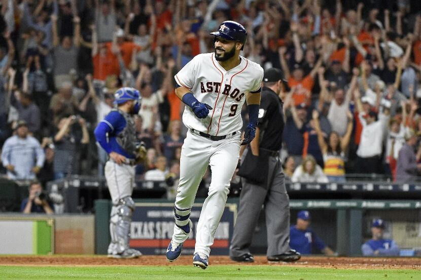 HOUSTON, TX - MAY 2: Marwin Gonzalez #9 of the Houston Astros smiles as he rounds the bases...