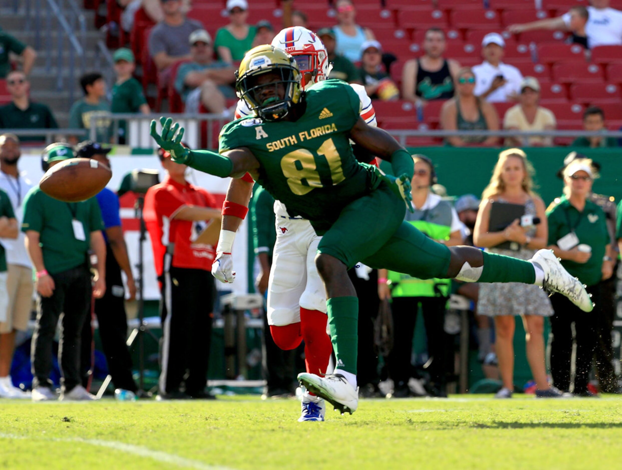 TAMPA, FLORIDA - SEPTEMBER 28: Kevin Purlett #81 of the South Florida Bulls misses a pass...