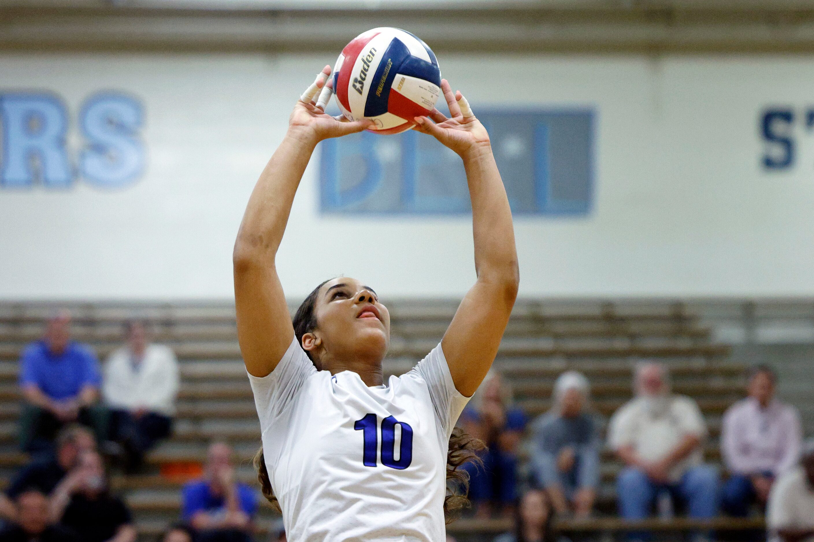 Trophy Club Byron Nelson's Sophee Peterson (10) sets the ball for a teammate during a...