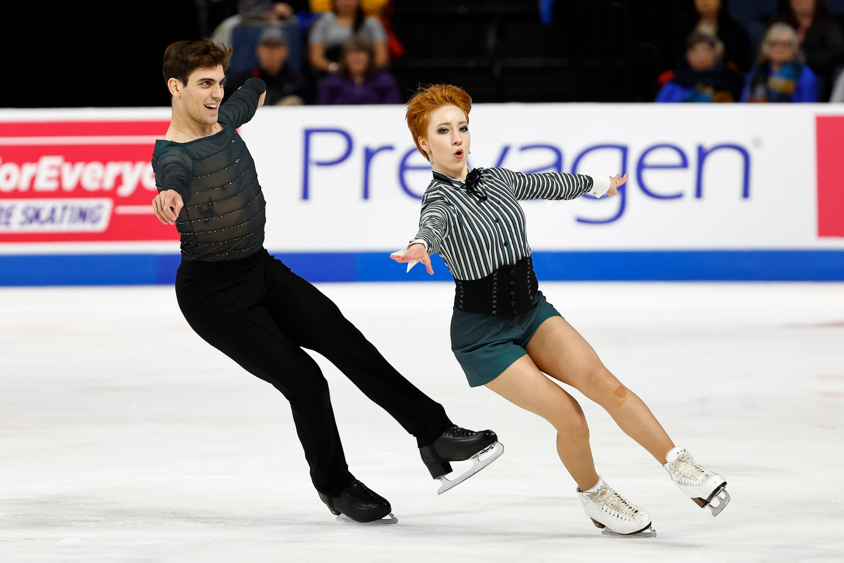 Evgeniia Lopareva, right, and Geoffrey Brissaud, left, of France, compete in the ice dance...