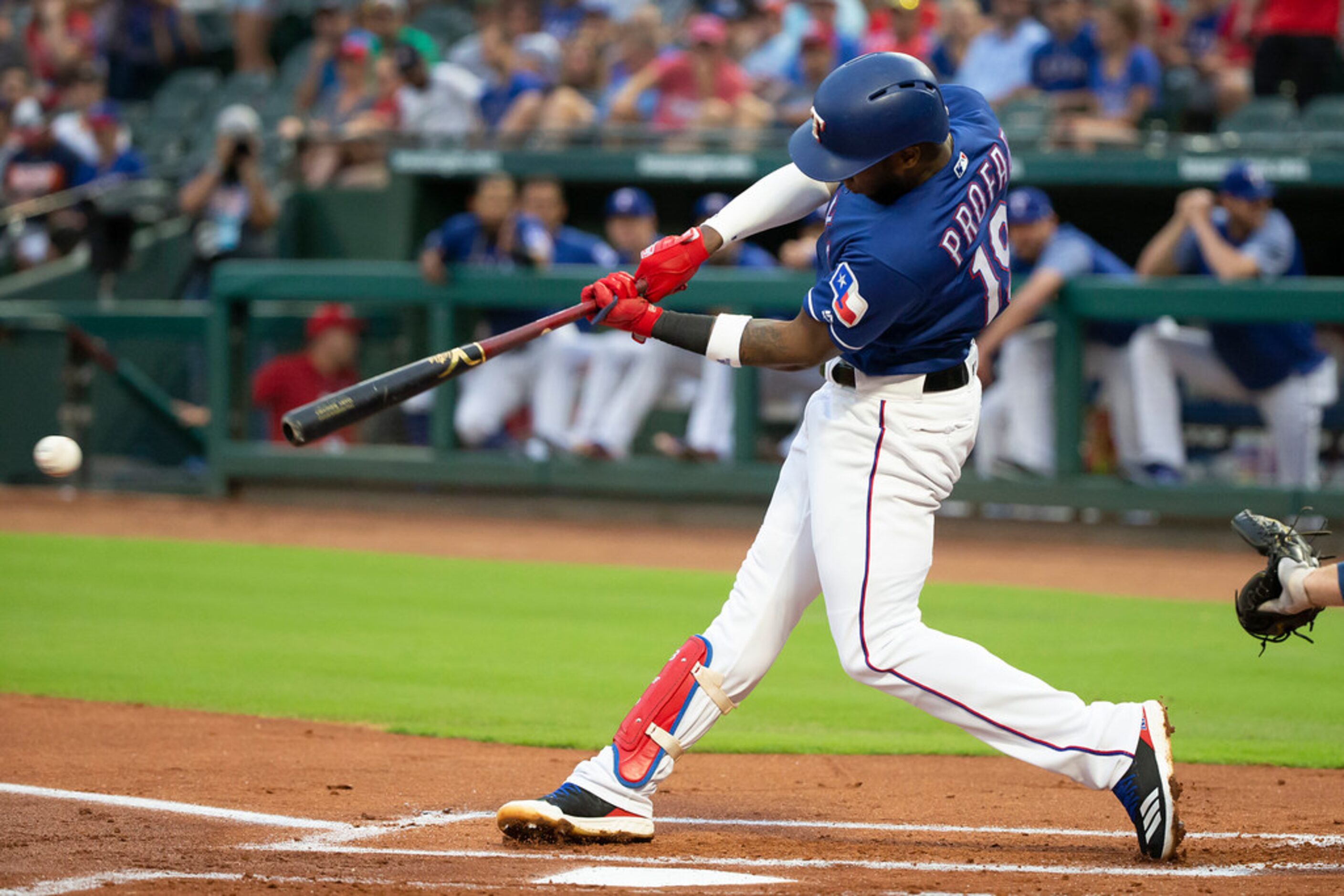 Texas Rangers shortstop Jurickson Profar singles off of Houston Astros starting pitcher...