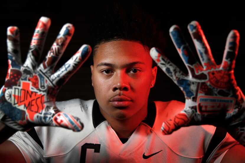 The Dallas Morning News Defensive Football Player of the Year Anthony Hines III poses for a...