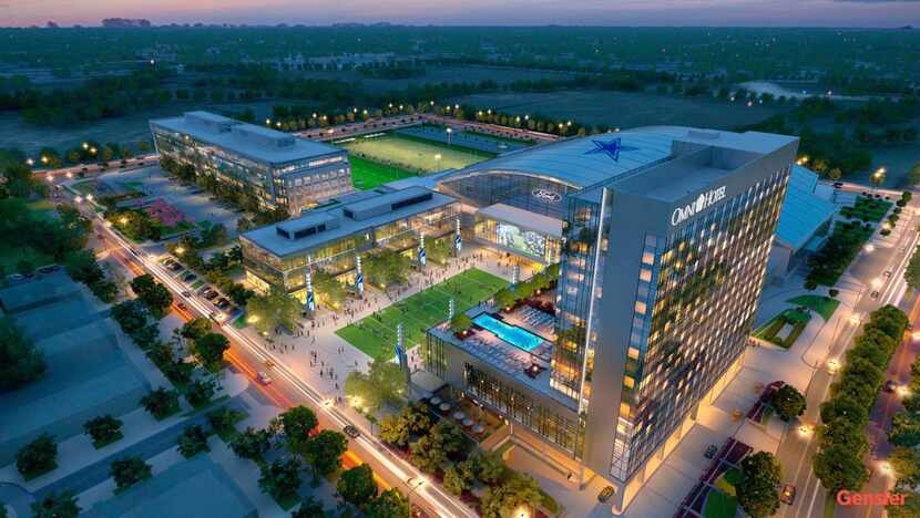 
An illustration of The Ford Center at The Star in Frisco shows the Omni Frisco Hotel in the...