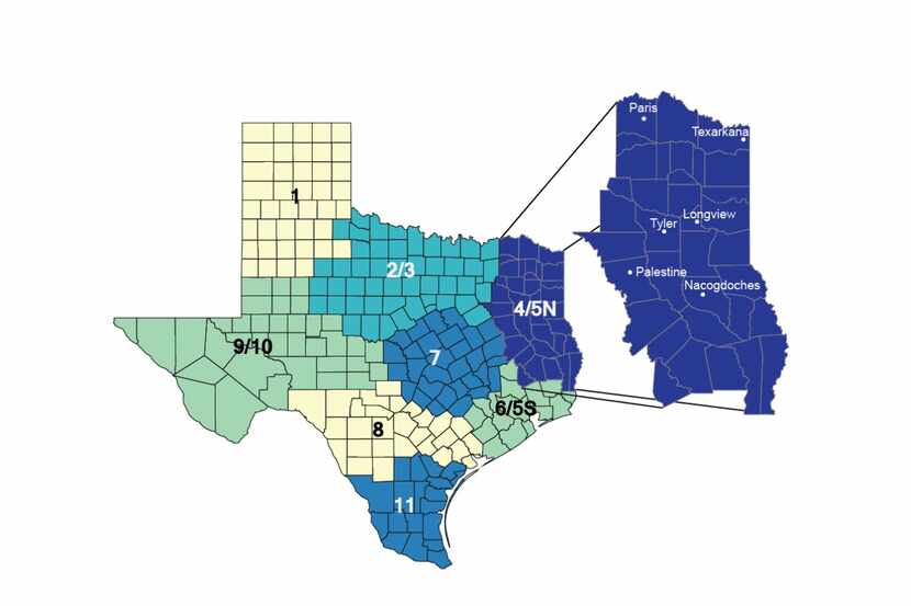 Map highlighting the 35-county region in Northeast Texas that a new report says has higher...