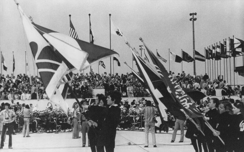 Flags of many countries were carried during dedication ceremonies for Dallas-Fort Worth...