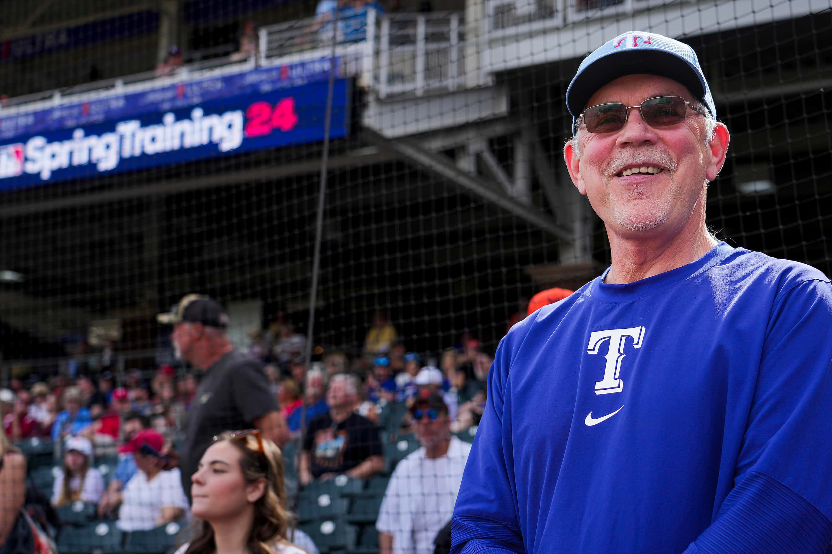 Texas Rangers manager Bruce Bochy watches a video commemorating his induction into the  the...