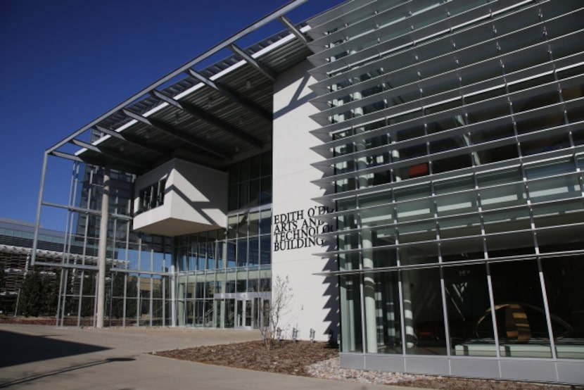 An exterior photo of the north entrance Edith O'Donnell Arts and Technology Building at the...