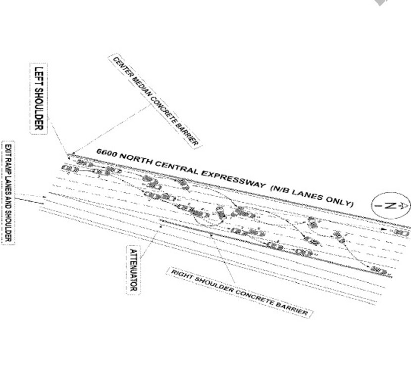 A Texas Department of Transportation crash report shows a field diagram of a March 30...