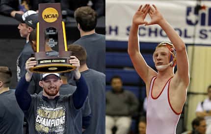 Bo Nickal holding a team championship trophy with Penn State in 2019 (left) and him winning...